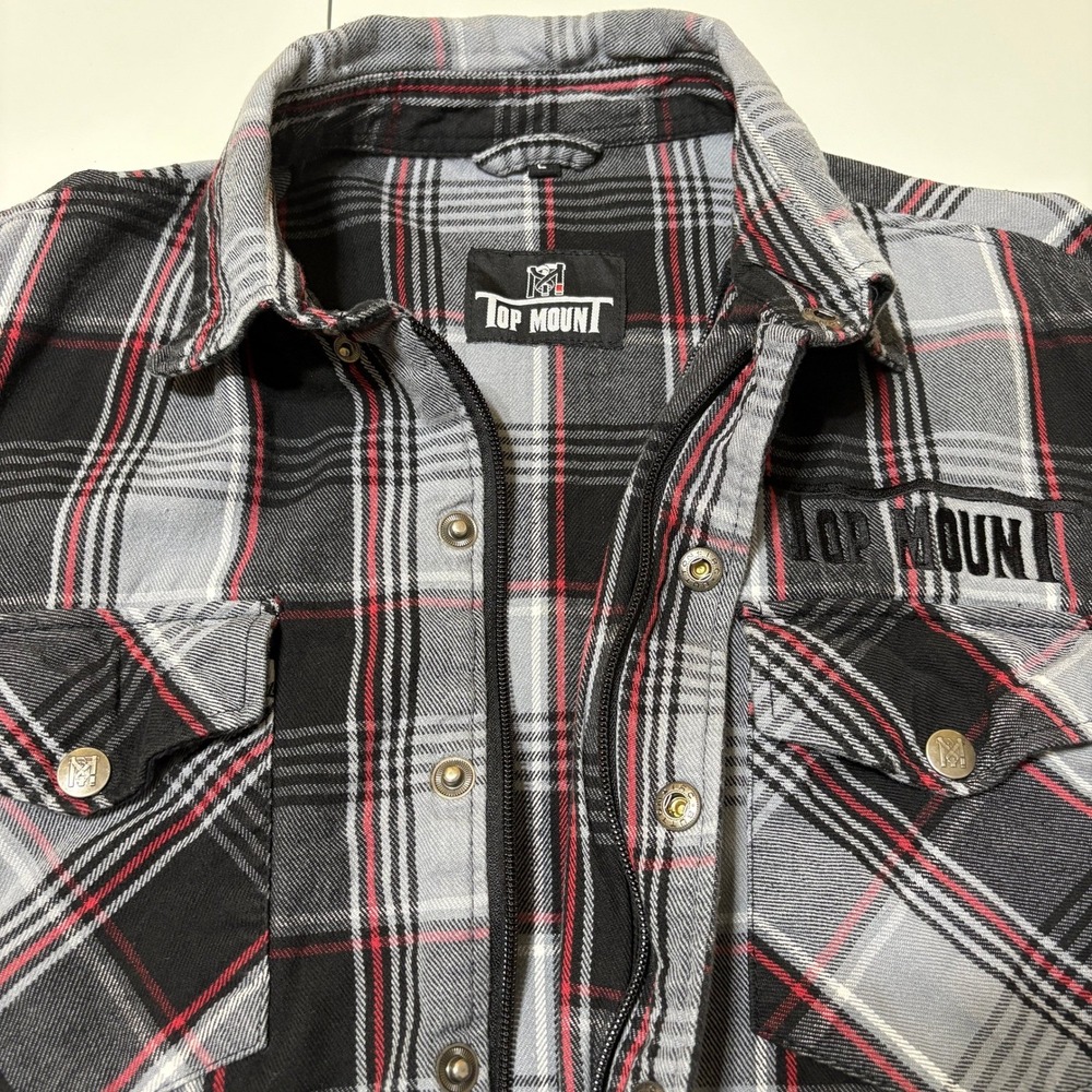 Top Mount Mens Full Zip Snap Grappler Flannel Shirt Size L Black Red Plaid Biker - Picture 7 of 16